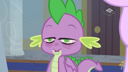 Size: 1280x720 | Tagged: safe, screencap, spike, starlight glimmer, dragon, a matter of principals, g4, my little pony: friendship is magic, bloodshot eyes, boomerang (tv channel), door, female, mare, stoner spike, winged spike, wings