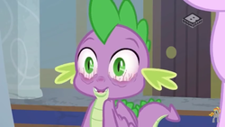 Size: 1280x720 | Tagged: safe, screencap, spike, starlight glimmer, dragon, a matter of principals, g4, my little pony: friendship is magic, season 8, bloodshot eyes, door, male, male focus, solo focus, winged spike, wings