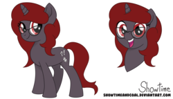 Size: 7467x4272 | Tagged: safe, artist:showtimeandcoal, oc, oc only, oc:curse word, oc:lost, pony, unicorn, absurd resolution, cutie mark, digital art, female, filly, full body, glasses, head shot, mare, movie accurate, present, red eyes, red hair, reference sheet, simple background, solo, spectacles, style, transparent background, youtube