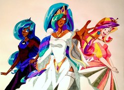 Size: 1280x930 | Tagged: safe, artist:artfrog75, princess cadance, princess celestia, princess luna, human, g4, clothes, dark skin, dress, female, humanized, simple background, traditional art, trio, trio female, white background