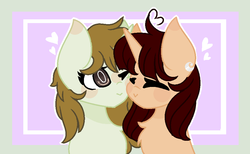 Size: 944x581 | Tagged: safe, artist:moon-rose-rosie, oc, oc only, earth pony, pony, unicorn, base used, female, mare, nuzzling, oc x oc, shipping