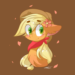 Size: 800x800 | Tagged: safe, artist:dddreamdraw, applejack, earth pony, pony, g4, bandana, blushing, brown background, bust, cute, ear fluff, eye clipping through hair, female, flower, flower in hair, jackabetes, looking at you, mare, neckerchief, simple background, solo