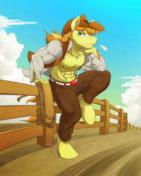 Size: 1800x2248 | Tagged: safe, artist:ponyanony, braeburn, earth pony, anthro, unguligrade anthro, g4, abs, braebuff, clothes, fence, male, muscles, nipples, nudity, open clothes, open shirt, pecs, solo, stupid sexy braeburn