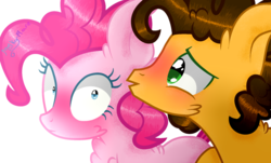 Size: 1024x617 | Tagged: safe, artist:milky-flare, cheese sandwich, pinkie pie, pony, g4, blushing, female, kissing, male, ship:cheesepie, shipping, simple background, straight, transparent background