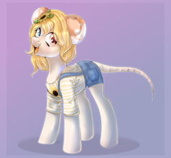 Size: 2694x2494 | Tagged: safe, artist:tigra0118, oc, oc only, mouse, mouse pony, pony, art trade, clothes, female, flower, flower in hair, full body, heterochromia, high res, solo, sunflower