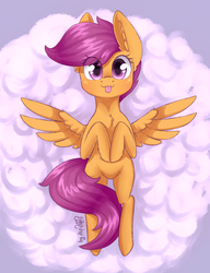 Size: 1536x2000 | Tagged: safe, artist:dsp2003, scootaloo, pegasus, pony, g4, 30 minute art challenge, :p, blushing, chest fluff, cloud, cute, cutealoo, diabetes, ear fluff, female, filly, imminent belly rub, looking at you, lying down, on a cloud, on back, signature, silly, solo, tongue out