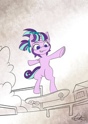 Size: 1024x1448 | Tagged: safe, artist:calena, starlight glimmer, pony, unicorn, atg 2018, bipedal, cute, ear fluff, female, filly, filly starlight glimmer, grin, looking down, newbie artist training grounds, partial color, pigtails, skateboard, smiling, standing, standing on one leg, younger