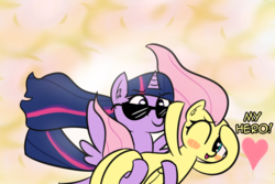 Size: 1495x999 | Tagged: safe, artist:artiks, fluttershy, twilight sparkle, alicorn, pegasus, pony, g4, atg 2018, bridal carry, carrying, dialogue, explosion, female, heart, lesbian, mare, newbie artist training grounds, ship:twishy, shipping, sunglasses, twilight sparkle (alicorn)