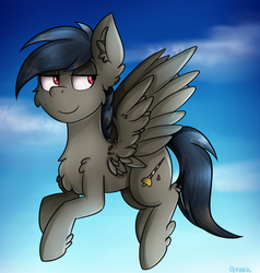 Size: 1130x1187 | Tagged: safe, artist:deraniel, oc, oc only, pegasus, pony, ear fluff, fluffy, flying, full body, male, sky, stallion