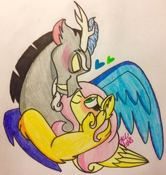 Size: 2281x2416 | Tagged: safe, artist:sugarkittycat04, discord, fluttershy, pegasus, pony, g4, blushing, duo, female, heart, high res, male, ship:discoshy, shipping, signature, straight, traditional art