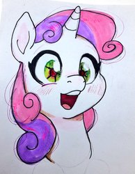 Size: 794x1024 | Tagged: safe, artist:imalou, sweetie belle, pony, robot, unicorn, g4, blushing, bust, cute, diasweetes, female, filly, looking at you, open mouth, simple background, smiling, solo, sweetie bot, traditional art