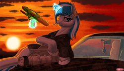 Size: 1920x1108 | Tagged: safe, artist:wwredgrave, oc, oc only, oc:snowflake, pony, unicorn, bread, car, clothes, commission, ear piercing, engine, female, food, levitation, looking at you, mad max, magic, mare, pan, piercing, sunset, supercharger, telekinesis, toy gun, unshorn fetlocks