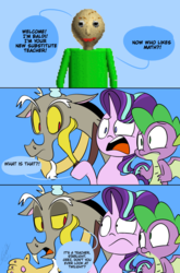 Size: 800x1214 | Tagged: safe, artist:emositecc, discord, spike, starlight glimmer, draconequus, dragon, pony, unicorn, a matter of principals, g4, baldi, baldi's basics in education and learning, comic, crossover, dialogue, speech bubble, winged spike, wings