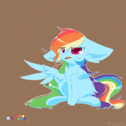 Size: 768x768 | Tagged: safe, artist:jisuppe, rainbow dash, pegasus, pony, g4, big ears, brown background, chest fluff, cute, dashabetes, female, floppy ears, long mane, mare, never doubt blaa6 involvement, simple background, sitting, solo