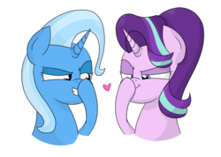 Size: 2721x1933 | Tagged: safe, artist:moonatik, starlight glimmer, trixie, pony, unicorn, g4, atg 2018, boop, exploitable meme, female, glimmerposting, grin, heart, lesbian, mare, meme, newbie artist training grounds, self-boop, ship:startrix, shipping, simple background, smiling, smug, smug smile, transparent background