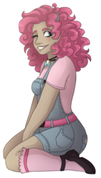Size: 2647x4663 | Tagged: safe, artist:monnarcha, pinkie pie, human, g4, beautiful, clothes, female, high res, human female, humanized, moderate dark skin, one eye closed, overalls, pink hair, simple background, socks, solo, transparent background, wink
