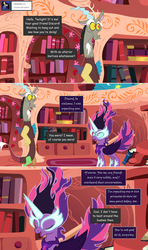Size: 1280x2168 | Tagged: safe, artist:hakunohamikage, discord, twilight sparkle, alicorn, pony, ask-princesssparkle, equestria girls, g4, ask, book, duo, duo male and female, female, golden oaks library, male, midnight sparkle, possessed, tumblr, twilight sparkle (alicorn)