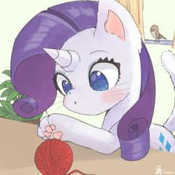 Size: 2000x2000 | Tagged: safe, artist:yunyeyoung, rarity, bird, cat pony, original species, sparrow, g4, behaving like a cat, cute, female, high res, horn, paw pads, paws, raribetes, raricat, solo, underpaw, yarn