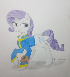 Size: 3004x3319 | Tagged: artist needed, safe, rarity, pony, unicorn, g4, bethesda, clothes, crossover, fallout, fallout76, female, high res, jumpsuit, mare, pipboy, pipbuck, simple background, smiling, solo, traditional art, vault suit, watercolor painting