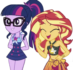 Size: 749x720 | Tagged: safe, artist:php77, edit, edited screencap, editor:php77, screencap, sci-twi, sunset shimmer, twilight sparkle, equestria girls, g4, my little pony equestria girls: better together, x marks the spot, arm behind back, background removed, belly button, best friends, clothes, duo, duo female, eyes closed, female, fist pump, geode of empathy, geode of telekinesis, glasses, grin, hands behind back, jewelry, magical geodes, midriff, necklace, not a vector, one-piece swimsuit, open mouth, open smile, ponytail, sarong, sci-twi swimsuit, simple background, skirt, sleeveless, smiling, sunset shimmer swimsuit, swimsuit, teeth, transparent background, wrist cuff