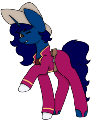 Size: 1553x2055 | Tagged: safe, artist:calibykitty, oc, oc only, oc:midnight, oc:midnight specter, alicorn, pony, alicorn oc, belt, clothes, cosplay, costume, disney, female, gloves, hat, holster, mare, one eye closed, panchito pistoles, simple background, solo, sombrero, the three caballeros, transparent background, wink