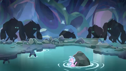 Size: 1280x720 | Tagged: safe, screencap, silverstream, storm king, seapony (g4), g4, my little pony: the movie, season 8, what lies beneath, cave, scared, seapony silverstream, storm guard, water
