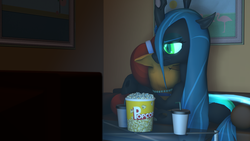 Size: 1920x1080 | Tagged: safe, artist:hatter's lye, queen chrysalis, stellar flare, g4, 3d, female, food, lesbian, popcorn, ship:stellaris, shipping, source filmmaker, television