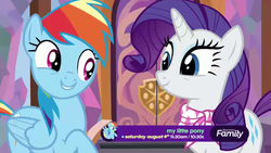 Size: 1280x720 | Tagged: safe, screencap, rainbow dash, rarity, g4, season 8, the end in friend, discovery family logo