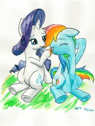 Size: 1024x1365 | Tagged: safe, artist:michiito, rainbow dash, rarity, pegasus, pony, unicorn, g4, rarity investigates, eyes closed, female, floppy ears, lesbian, mare, mud, ship:raridash, shipping, sitting, smiling, traditional art, wingless