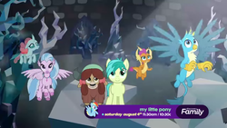 Size: 1280x720 | Tagged: safe, screencap, gallus, ocellus, sandbar, silverstream, smolder, yona, changedling, changeling, classical hippogriff, dragon, earth pony, griffon, hippogriff, pony, yak, g4, what lies beneath, dragoness, female, flying, male, student six, teenager