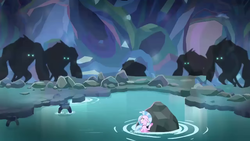 Size: 1280x720 | Tagged: safe, screencap, silverstream, storm king, seapony (g4), g4, my little pony: the movie, season 8, what lies beneath, cave, scared, seapony silverstream, storm guard, storm king returns, water