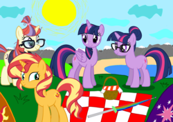 Size: 2000x1414 | Tagged: safe, artist:php185, moondancer, sci-twi, sunset shimmer, twilight sparkle, alicorn, pony, unicorn, equestria girls, g4, my little pony equestria girls: better together, camping, counterparts, female, glasses, hair bun, mare, picnic, twilight sparkle (alicorn), twilight's counterparts, twolight, unicorn sci-twi