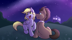Size: 1280x720 | Tagged: safe, artist:sugaryviolet, derpy hooves, doctor whooves, time turner, earth pony, pegasus, pony, g4, beautiful, chest fluff, cute, derpabetes, doctor who, doctorbetes, duo, featured image, female, field, grass, happy, hill, lidded eyes, looking up, male, mare, night, night sky, open mouth, raised hoof, ship:doctorderpy, shipping, sitting, sky, smiling, stallion, stars, straight, tardis, the doctor