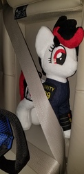 Size: 4032x1960 | Tagged: safe, oc, oc:blackjack, pony, unicorn, fallout equestria, fallout equestria: project horizons, armor, clothes, fanfic, fanfic art, female, hooves, horn, irl, jumpsuit, mare, no context, photo, pipbuck, plushie, seatbelt, security armor, solo, vault security armor, vault suit