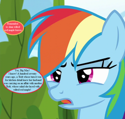 Size: 740x703 | Tagged: safe, edit, edited screencap, editor:korora, screencap, rainbow dash, pony, g4, newbie dash, cropped, female, implied adultery, implied big macintosh, implied murder, implied oc, mare, speech bubble, text, tree