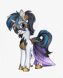 Size: 1011x1256 | Tagged: safe, artist:red-watercolor, oc, oc only, oc:mirror image, pony, unicorn, fanfic:clocktower society, clothes, dress, female, horn, mare, mask, slippers, smiling at you, solo