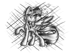 Size: 2870x2150 | Tagged: safe, artist:nightpaint12, twilight sparkle, alicorn, pony, g4, crosshatch, female, grayscale, high res, magic, monochrome, solo, traditional art, twilight sparkle (alicorn)