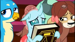 Size: 1280x720 | Tagged: safe, screencap, gallus, ocellus, yona, changedling, changeling, griffon, yak, a matter of principals, g4, season 8, adorkable, book, boomerang (tv channel), bow, cute, cuteling, diaocelles, dork, hair bow, shy, smiling, smirk, trio