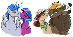 Size: 2350x1200 | Tagged: safe, artist:rutkotka, oc, bison, buffalo, pegasus, pony, unicorn, blonde, blonde hair, commission, couple, cute, feather, female, flirting, funny, kissing, male, mare, stallion, unamused, ych result