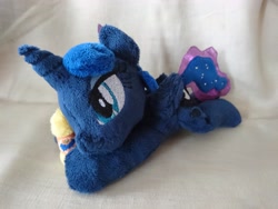 Size: 5520x4140 | Tagged: safe, artist:binidi, artist:buttercupbabyppg, princess luna, alicorn, pony, galacon, galacon 2018, g4, beanie (plushie), beautiful, cute, female, irl, lying down, mare, photo, plushie, solo