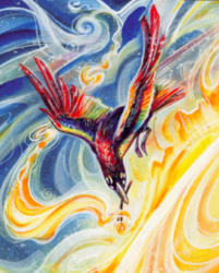 Size: 305x379 | Tagged: safe, artist:sararichard, idw, official comic, rainbow crow, bird, crow, spoiler:comicff31, ambiguous gender, beak hold, colored wings, fire, indigenous, mouth hold, multicolored wings, solo, spread wings, sun, wings