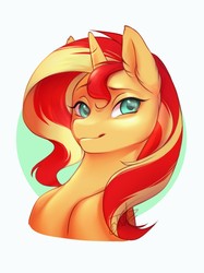 Size: 717x961 | Tagged: safe, artist:rrusha, sunset shimmer, pony, unicorn, g4, bust, cute, female, mare, shimmerbetes, simple background, solo, white background