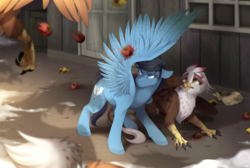 Size: 2230x1500 | Tagged: safe, artist:mr-tiaa, oc, oc only, oc:gretchen, oc:quicksilver, griffon, pegasus, pony, fanfic:where the heart lies, commission, digital art, duo, female, food, griffon oc, male, protecting, rotten tomatoes, spread wings, story in the source, story included, tomato, wings