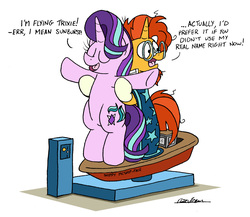 Size: 2029x1763 | Tagged: safe, artist:bobthedalek, starlight glimmer, sunburst, pony, unicorn, g4, beard, bipedal, boat, boaty mcboatface, cloak, clothes, dialogue, eyes closed, facial hair, female, foxtrot, glasses, implied bisexual, implied shipping, implied startrix, implied trixie, literal shipping, male, mare, ride, ship:starburst, shipping, simple background, stallion, straight, titanic, white background