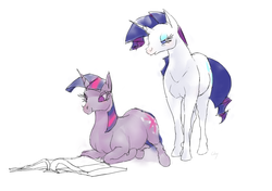 Size: 1000x704 | Tagged: safe, artist:cabyowl, rarity, twilight sparkle, horse, pony, unicorn, g4, book, duo, female, hoers, mare, prone, reading, simple background, unicorn twilight, white background
