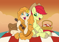 Size: 4093x2894 | Tagged: safe, artist:esfelt, bright mac, pear butter, earth pony, pony, g4, basket, female, flower, flower in hair, guitar, hat, male, mare, picnic basket, picnic blanket, ship:brightbutter, shipping, singing, smiling, stallion, straight