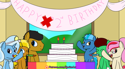 Size: 1800x1000 | Tagged: safe, artist:spritepony, trixie, oc, oc:dark pony, oc:ice walker, oc:kaitie, oc:northern haste, oc:understudy, g4, birthday, birthday cake, birthday party, cake, commission, food, group photo, party, party horn, patreon, patreon link, patreon logo, sprite's ponyville house, ych result