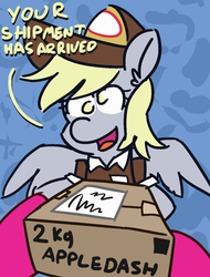 Size: 950x1250 | Tagged: safe, artist:threetwotwo32232, derpy hooves, oc, oc:fizzy pop, pegasus, pony, g4, atg 2018, dialogue, female, hat, looking at you, mare, newbie artist training grounds, no pupils, package, shipping, solo focus