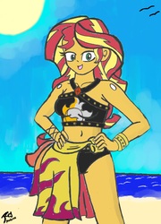 Size: 6320x8800 | Tagged: safe, artist:radiancebreaker, sunset shimmer, equestria girls, equestria girls specials, g4, my little pony equestria girls: better together, my little pony equestria girls: forgotten friendship, absurd resolution, belly button, bikini, clothes, female, midriff, sarong, solo, swimsuit, towel, traditional art