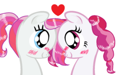 Size: 898x558 | Tagged: safe, artist:batmanbrony, artist:mainfluttershy, artist:misterdavey, diamond rose, diamond tiara, plumsweet, pony, cupcakes hd, g4, base used, braid, braided ponytail, bust, cute, duo, duo female, eye shimmer, female, floating heart, hair tie, heart, lesbian, looking at each other, looking at someone, looking into each others eyes, ms paint, pixelated, plumond, ponytail, shiny eyes, shipping, simple background, smiling, white background